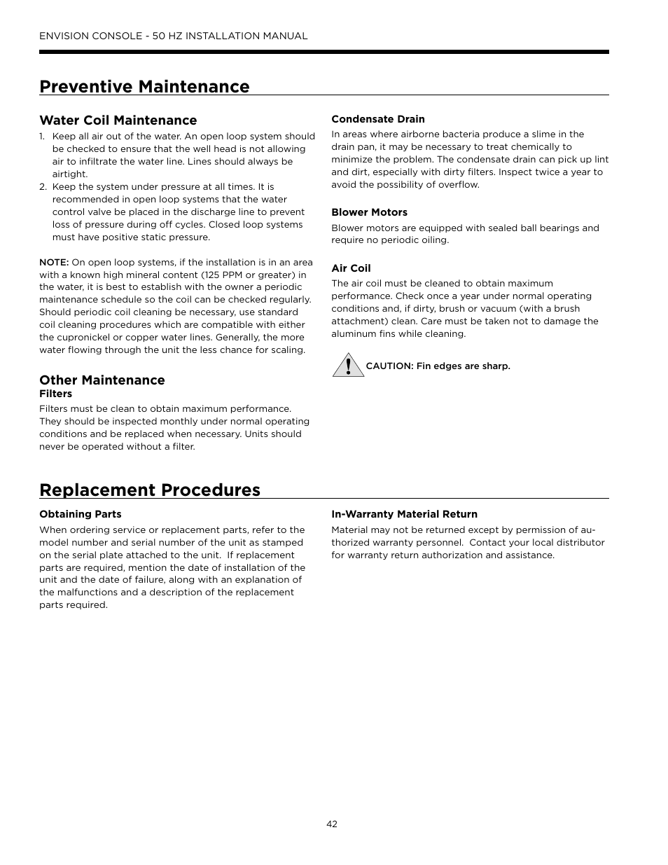 Preventive maintenance, Replacement procedures, Preventive maintenance replacement procedures | Water coil maintenance, Other maintenance | WaterFurnace Envisio Series Console User Manual | Page 42 / 44