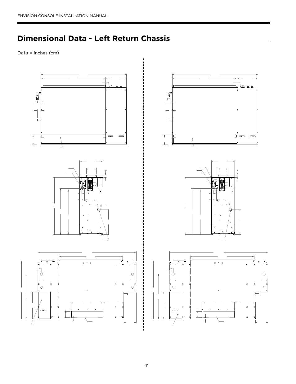 Dimensional data - left return chassis, Models 09-12, Models 15-18 | Data = inches (cm), Envision console installation manual | WaterFurnace Envisio Series Console User Manual | Page 11 / 45