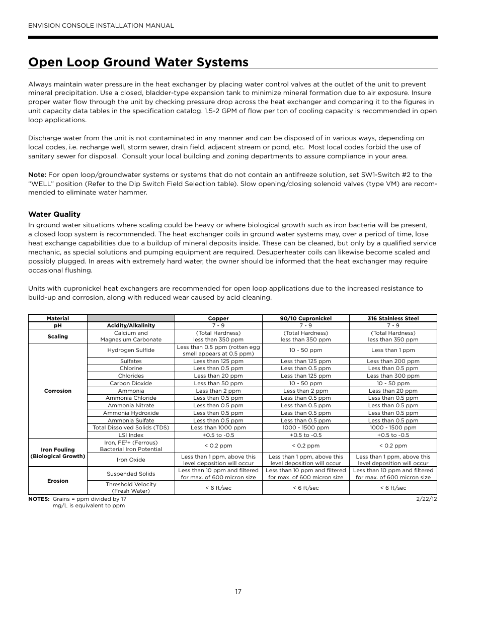 Open loop ground water systems, Water quality | WaterFurnace Envisio Series Console User Manual | Page 17 / 45