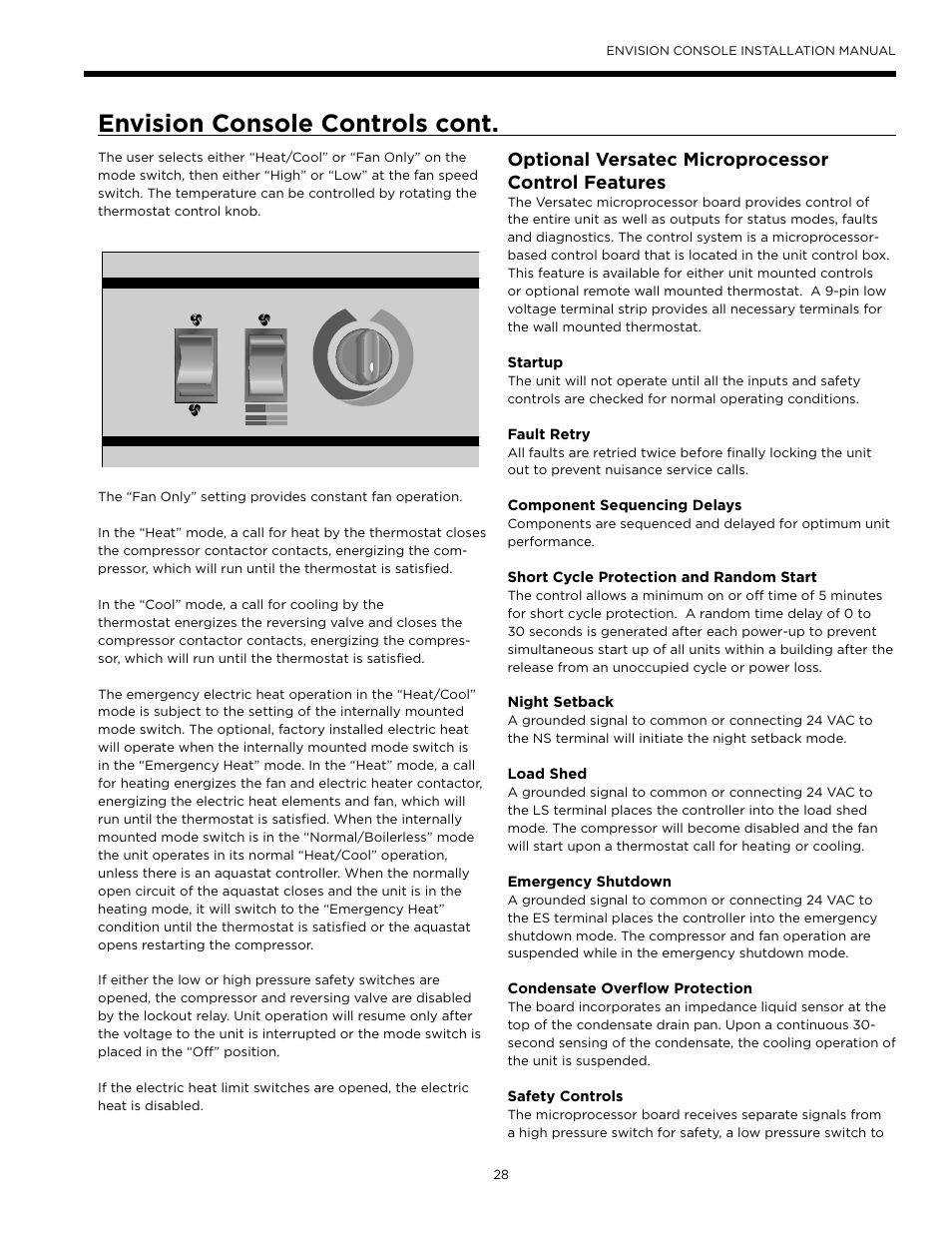 Envision console controls cont, Optional versatec microprocessor control features | WaterFurnace Envisio Series Console User Manual | Page 28 / 45