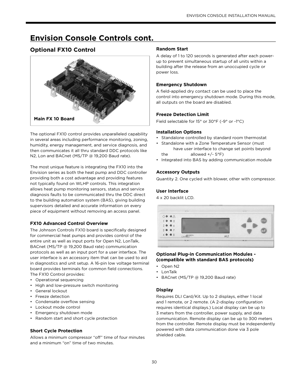 Envision console controls cont, Optional fx10 control | WaterFurnace Envisio Series Console User Manual | Page 30 / 45