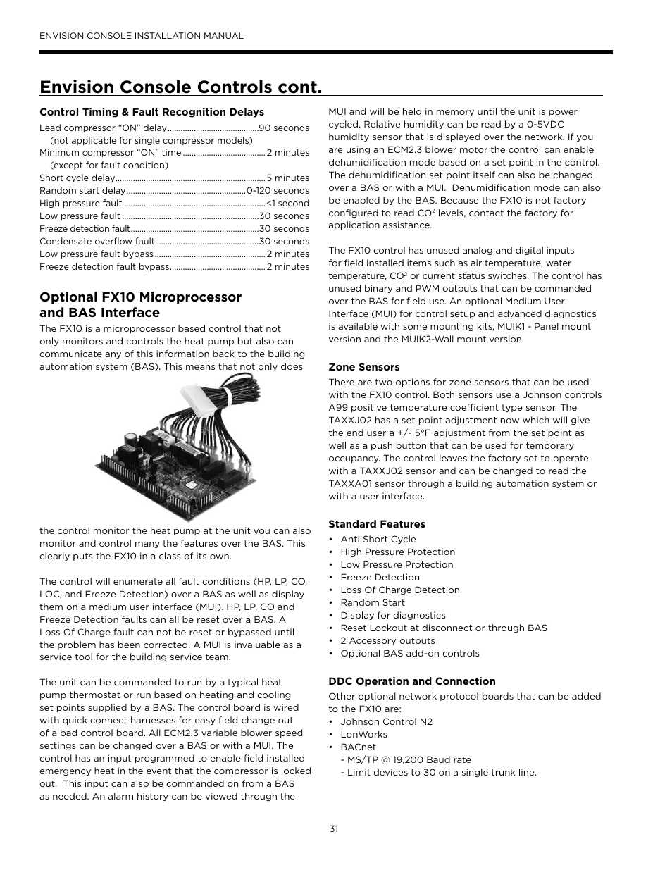 Envision console controls cont, Optional fx10 microprocessor and bas interface | WaterFurnace Envisio Series Console User Manual | Page 31 / 45