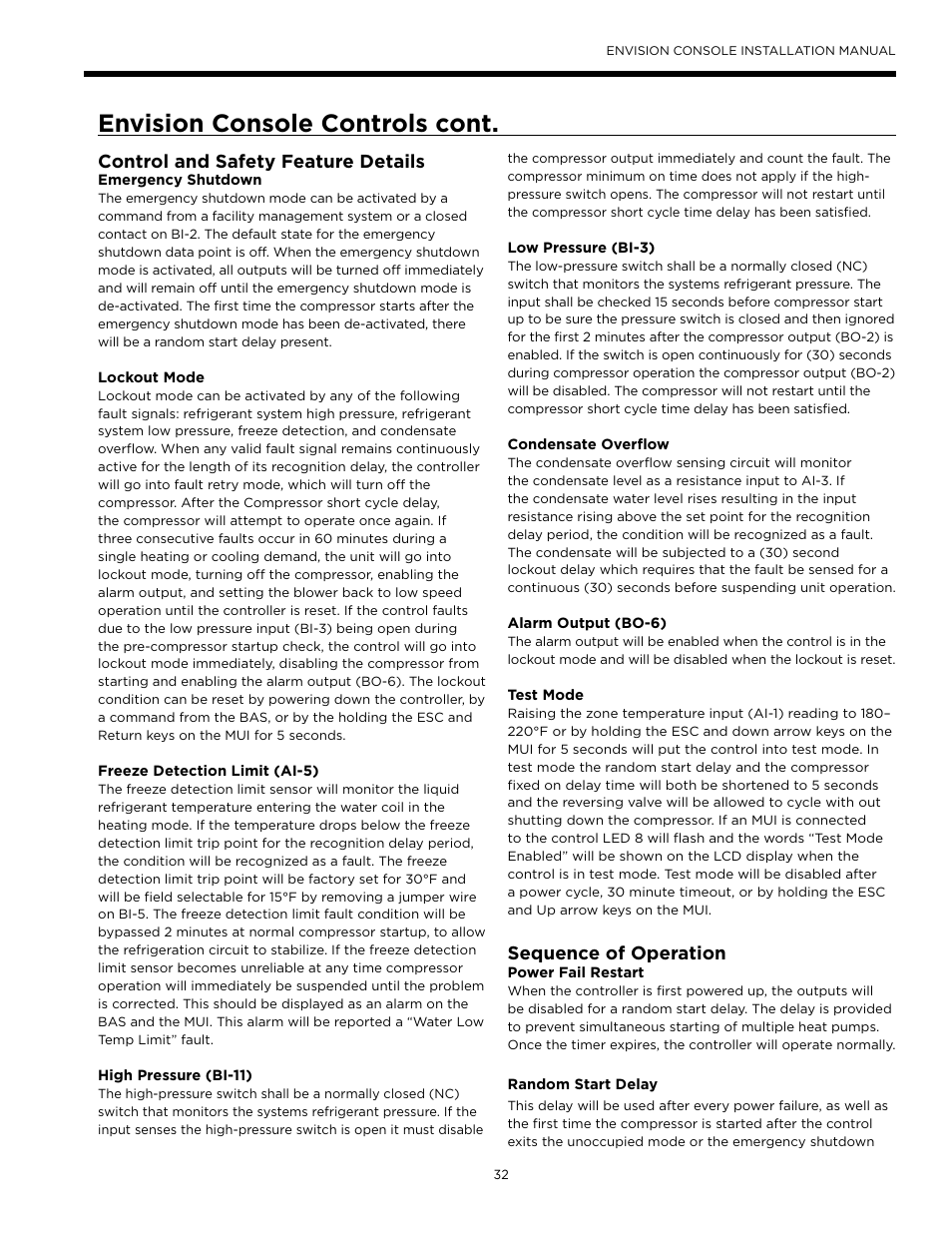 Envision console controls cont, Control and safety feature details, Sequence of operation | WaterFurnace Envisio Series Console User Manual | Page 32 / 45