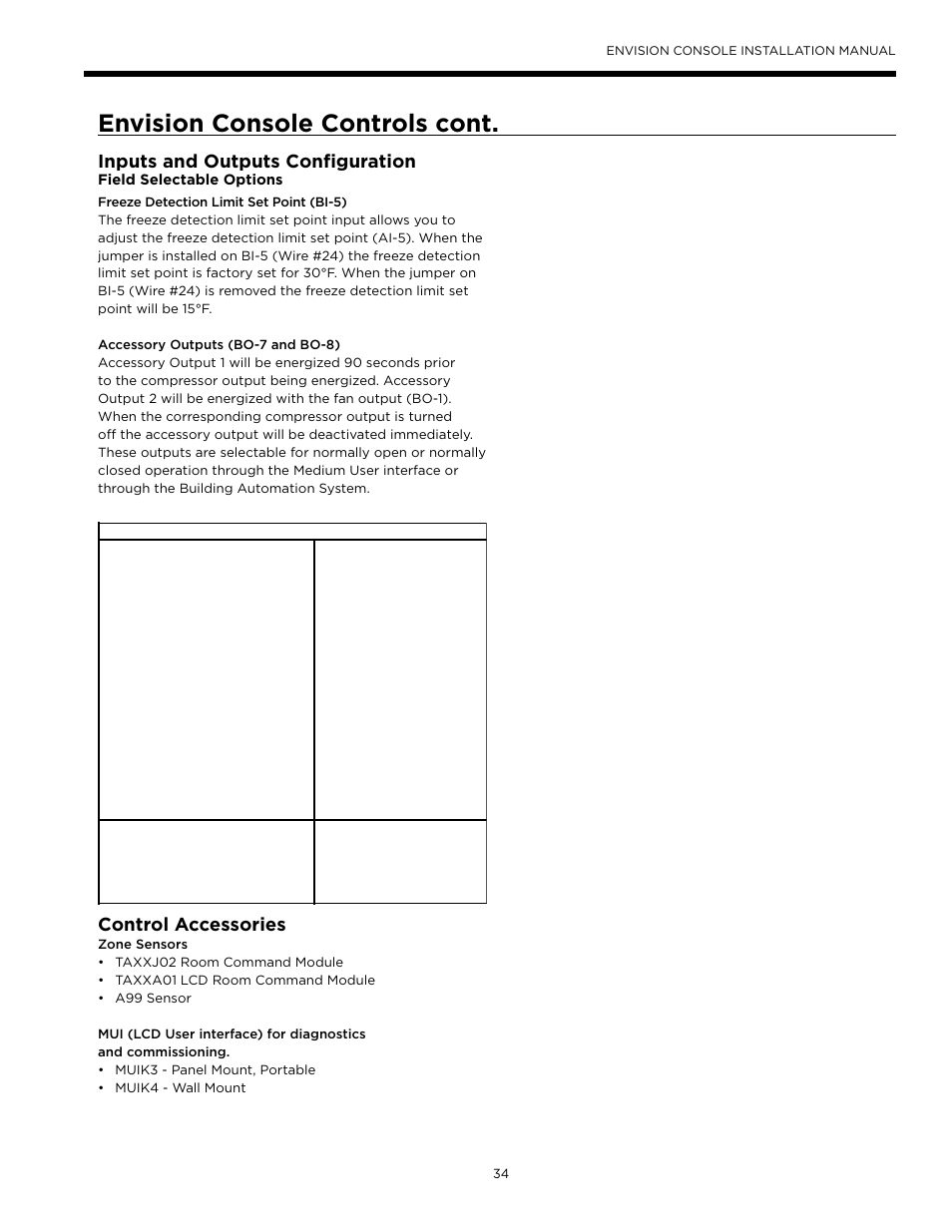 Envision console controls cont, Inputs and outputs configuration, Control accessories | Field selectable options | WaterFurnace Envisio Series Console User Manual | Page 34 / 45