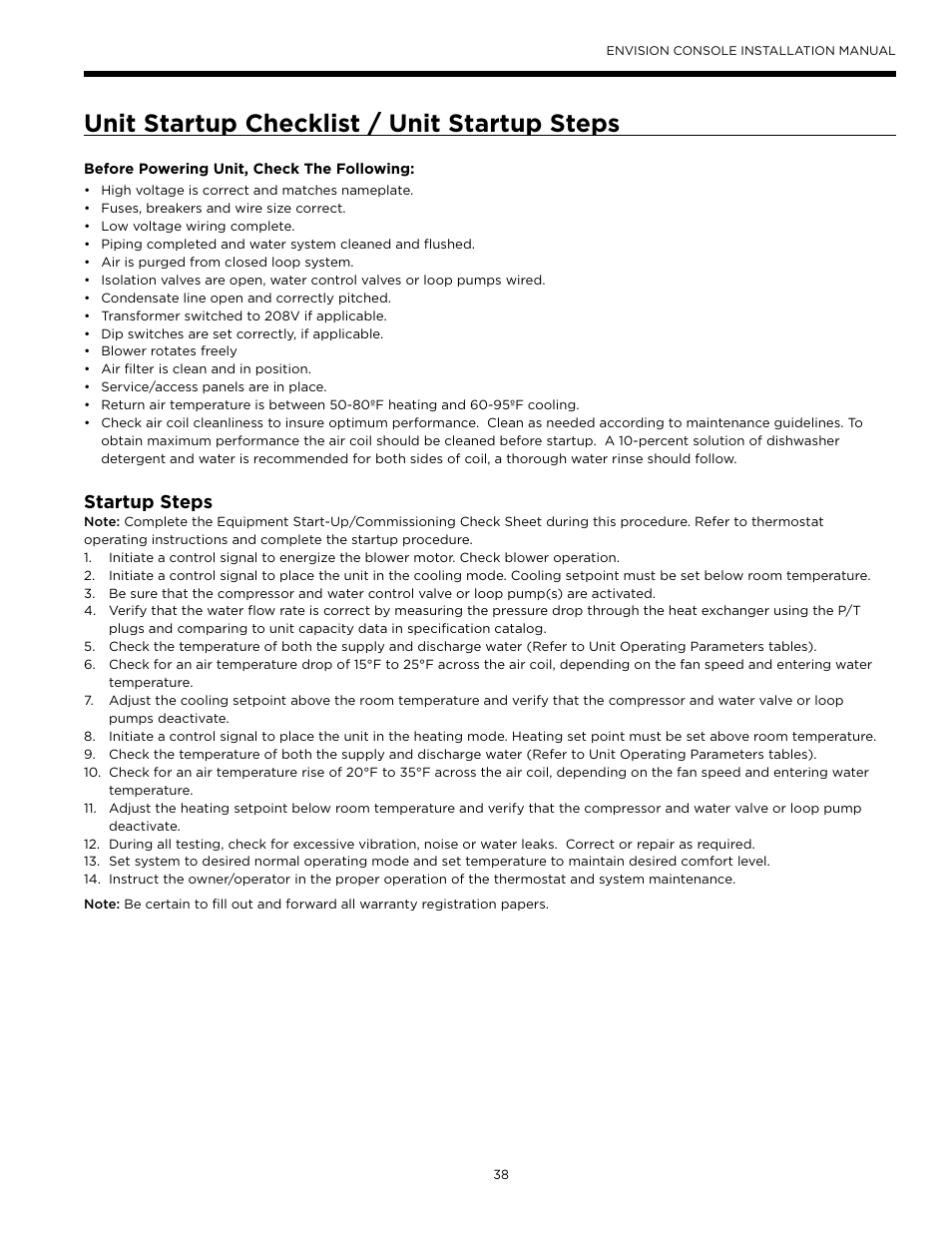 Unit startup checklist / unit startup steps, Startup steps | WaterFurnace Envisio Series Console User Manual | Page 38 / 45