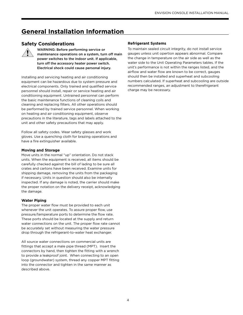 General installation information, Safety considerations | WaterFurnace Envisio Series Console User Manual | Page 4 / 45