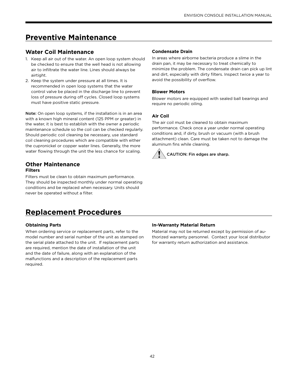 Preventive maintenance, Replacement procedures, Preventive maintenance replacement procedures | Water coil maintenance, Other maintenance | WaterFurnace Envisio Series Console User Manual | Page 42 / 45