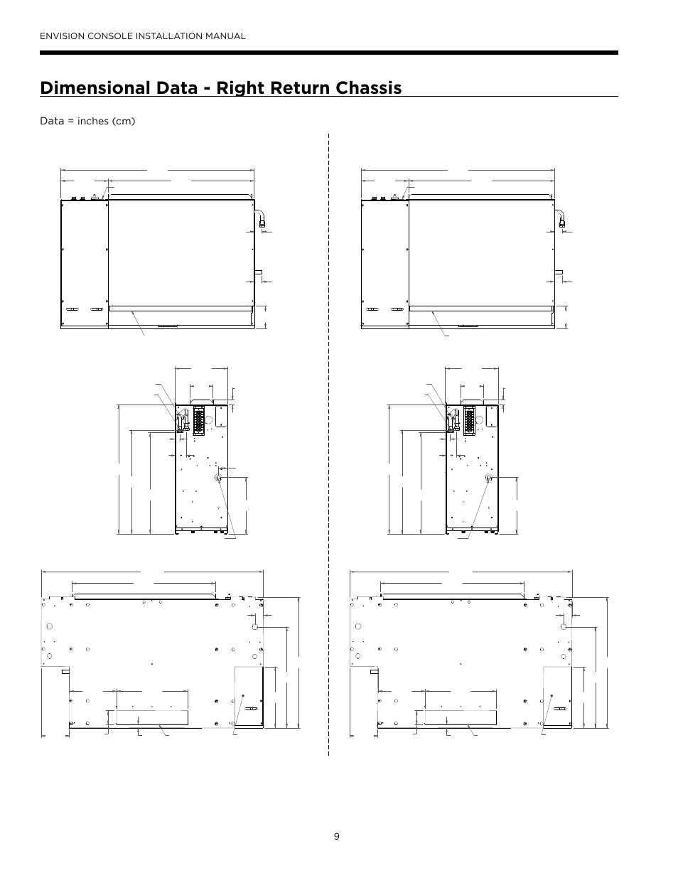 Dimensional data - right return chassis, Models 09-12, Models 15-18 | Data = inches (cm), Envision console installation manual | WaterFurnace Envisio Series Console User Manual | Page 9 / 45