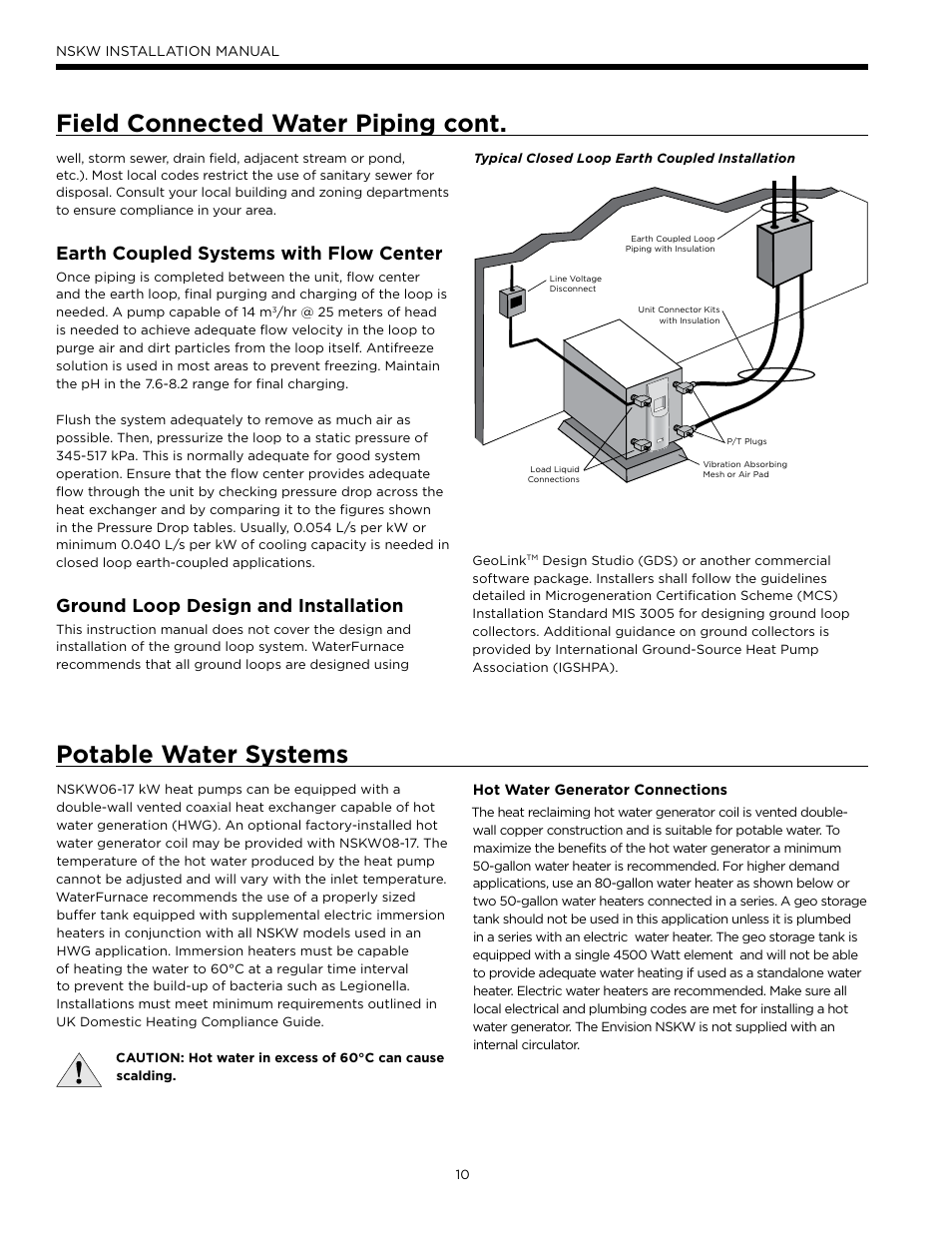 Potable water systems, Field connected water piping cont, Earth coupled systems with flow center | Ground loop design and installation | WaterFurnace Envision Hydronic User Manual | Page 10 / 48