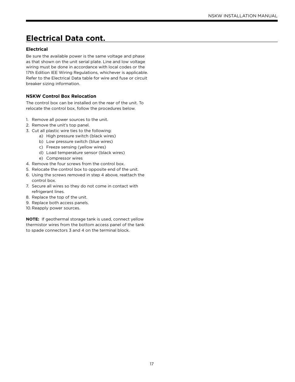 Electrical data cont | WaterFurnace Envision Hydronic User Manual | Page 17 / 48