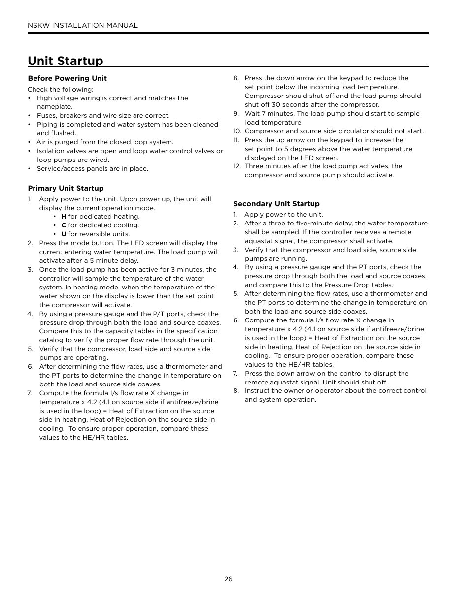 Unit startup | WaterFurnace Envision Hydronic User Manual | Page 26 / 48