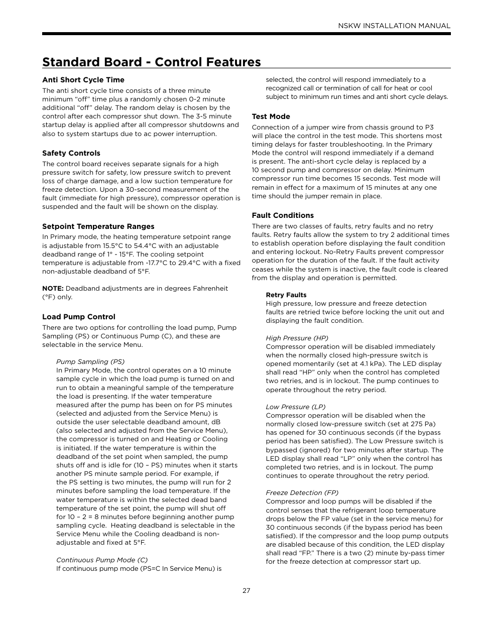 Standard board - control features | WaterFurnace Envision Hydronic User Manual | Page 27 / 48