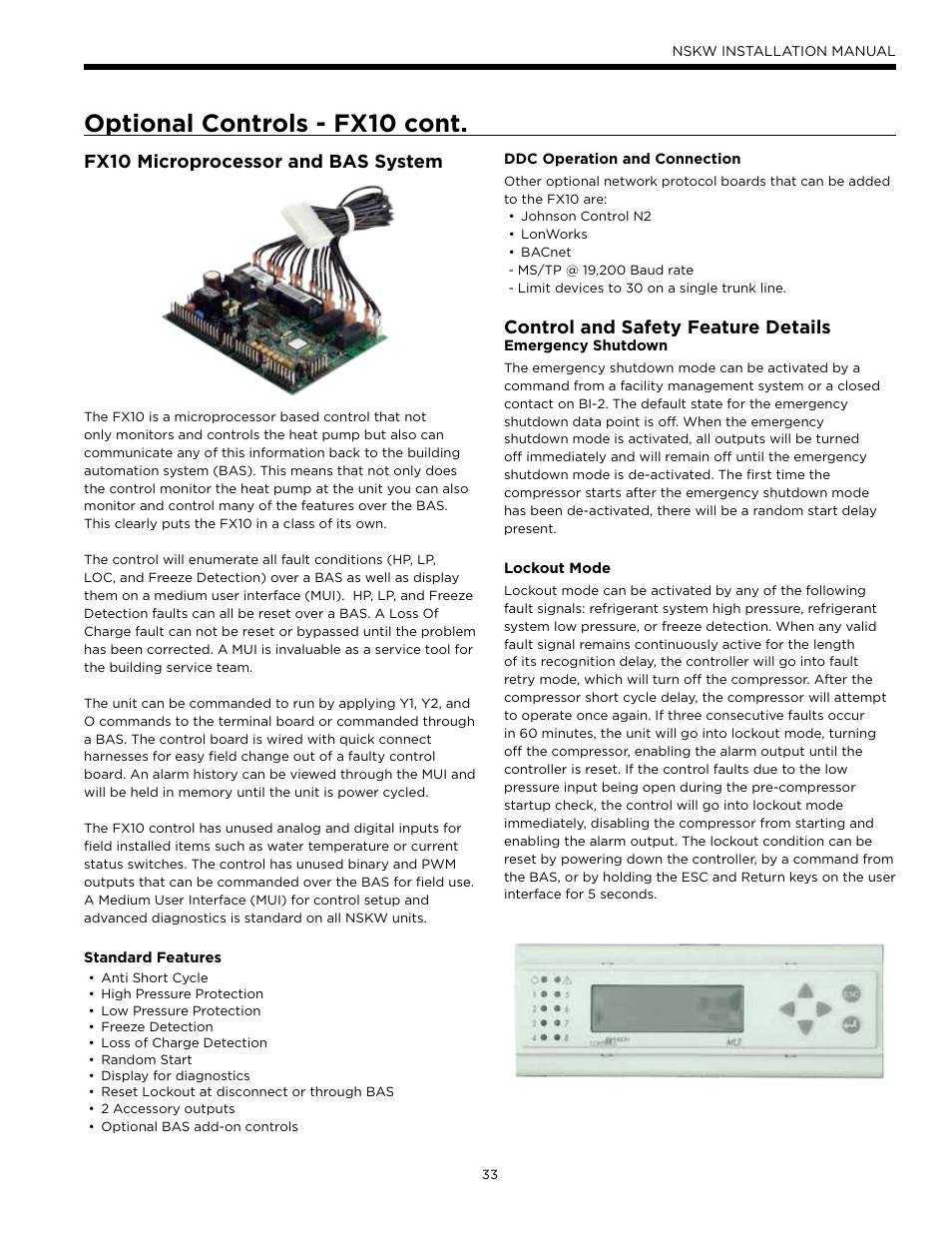 Optional controls - fx10 cont, Fx10 microprocessor and bas system, Control and safety feature details | WaterFurnace Envision Hydronic User Manual | Page 33 / 48