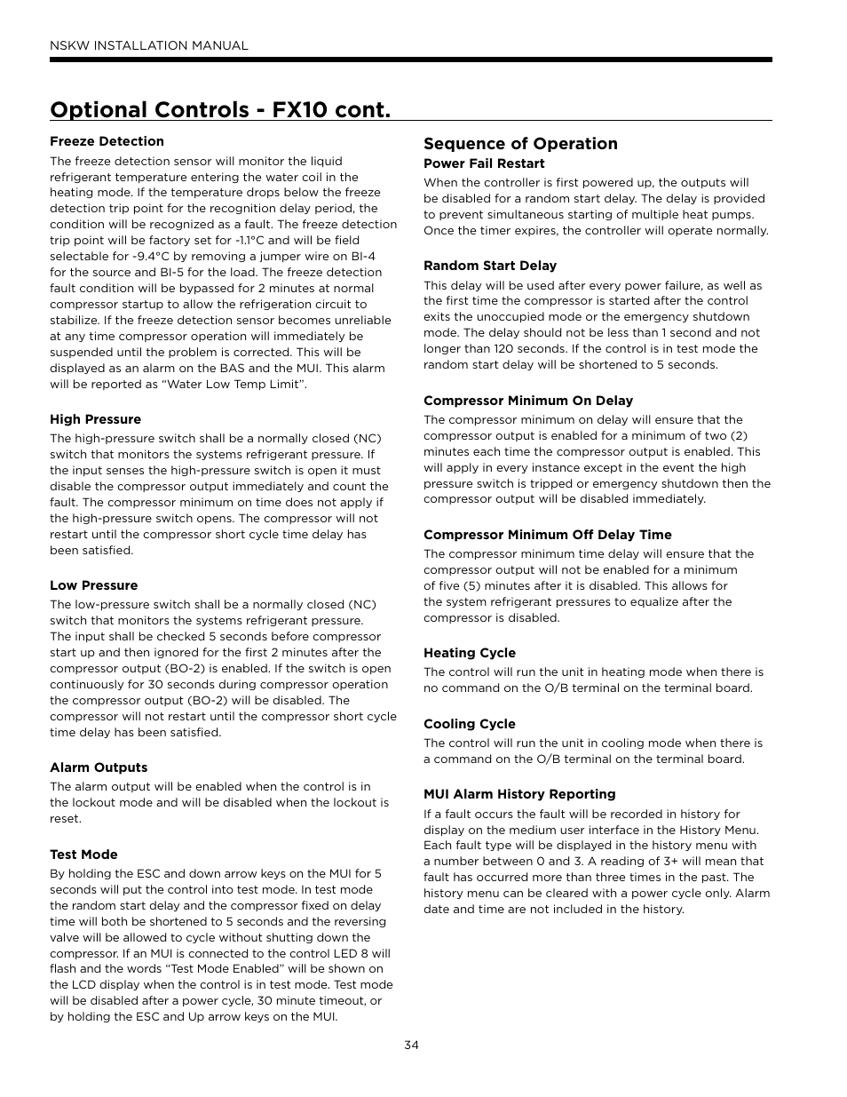 Optional controls - fx10 cont, Sequence of operation | WaterFurnace Envision Hydronic User Manual | Page 34 / 48