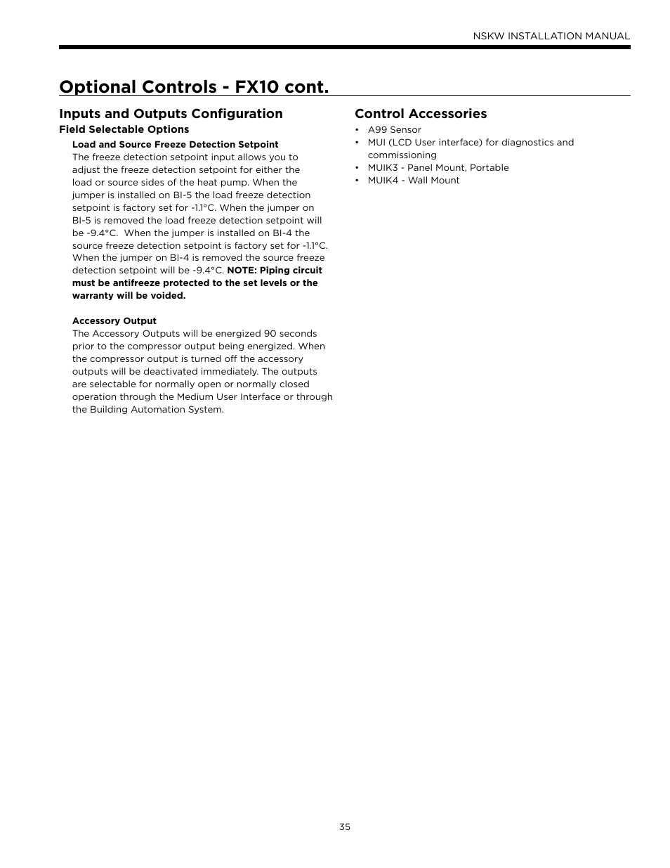 Optional controls - fx10 cont | WaterFurnace Envision Hydronic User Manual | Page 35 / 48