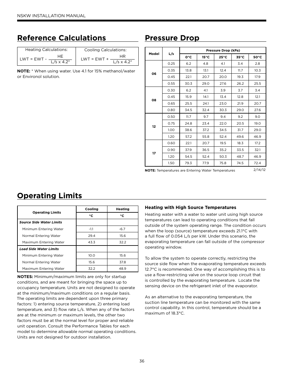 Reference calculations, Pressure drop, Operating limits | WaterFurnace Envision Hydronic User Manual | Page 36 / 48