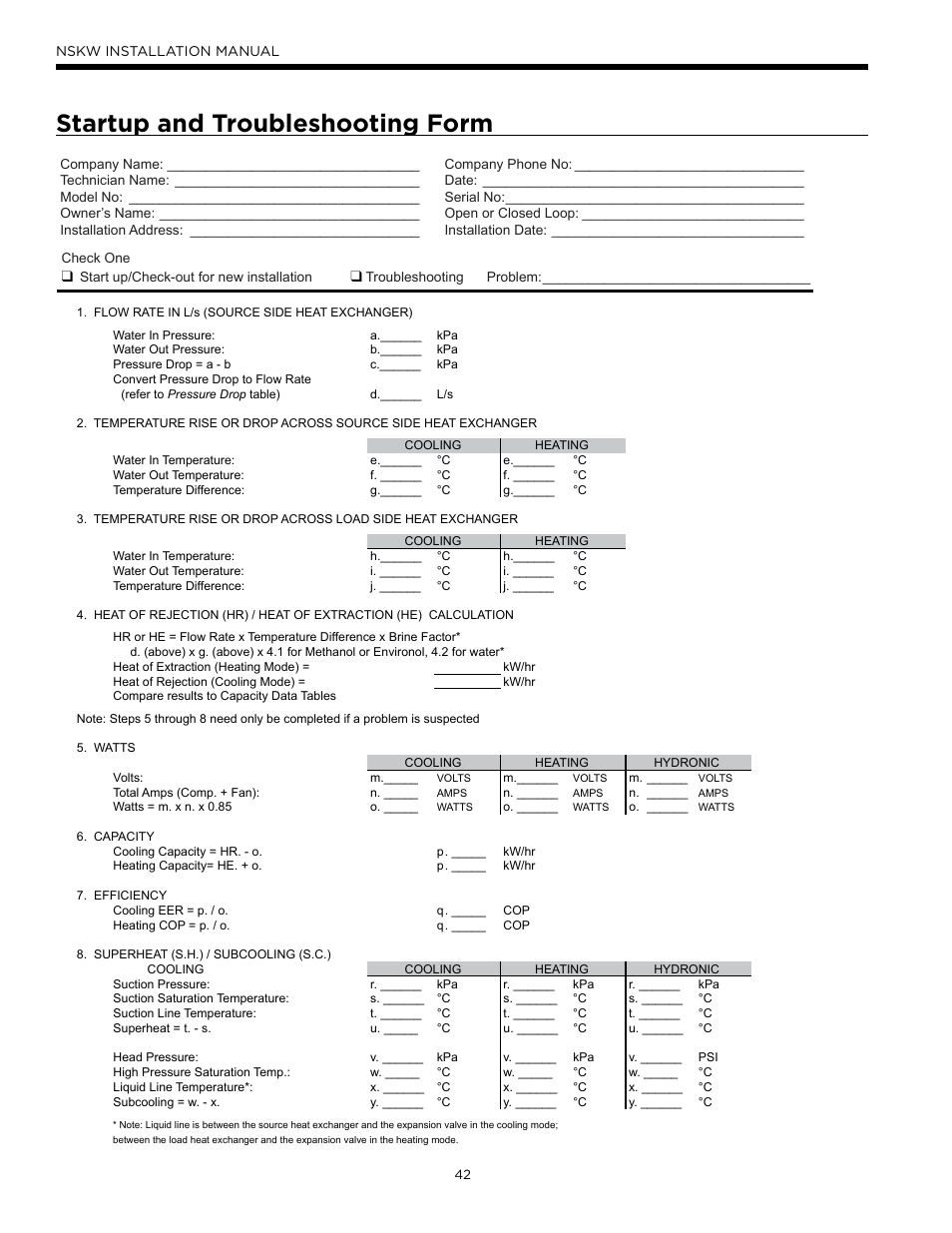 Startup and troubleshooting form | WaterFurnace Envision Hydronic User Manual | Page 42 / 48