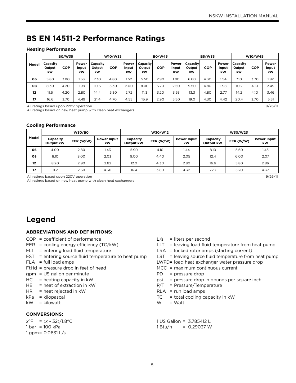 Bs en 14511-2 performance ratings, Legend | WaterFurnace Envision Hydronic User Manual | Page 5 / 48