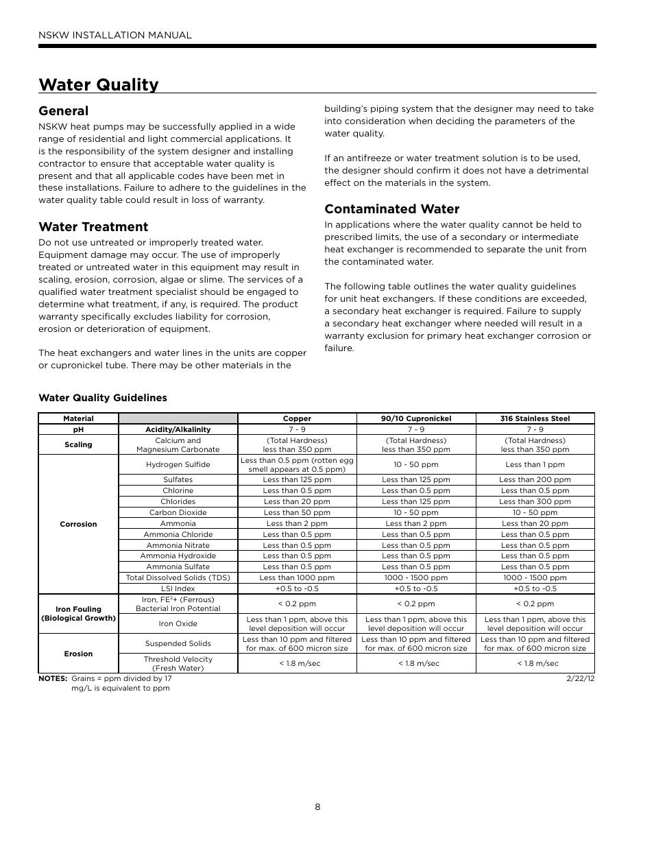 Water quality, General, Water treatment | Contaminated water | WaterFurnace Envision Hydronic User Manual | Page 8 / 48