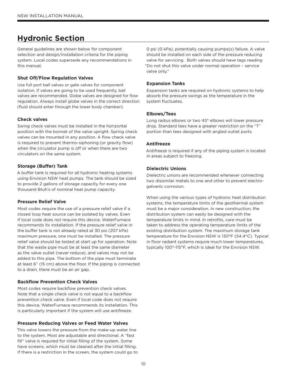 Hydronic section | WaterFurnace Envision Hydronic (NSW) User Manual | Page 10 / 52