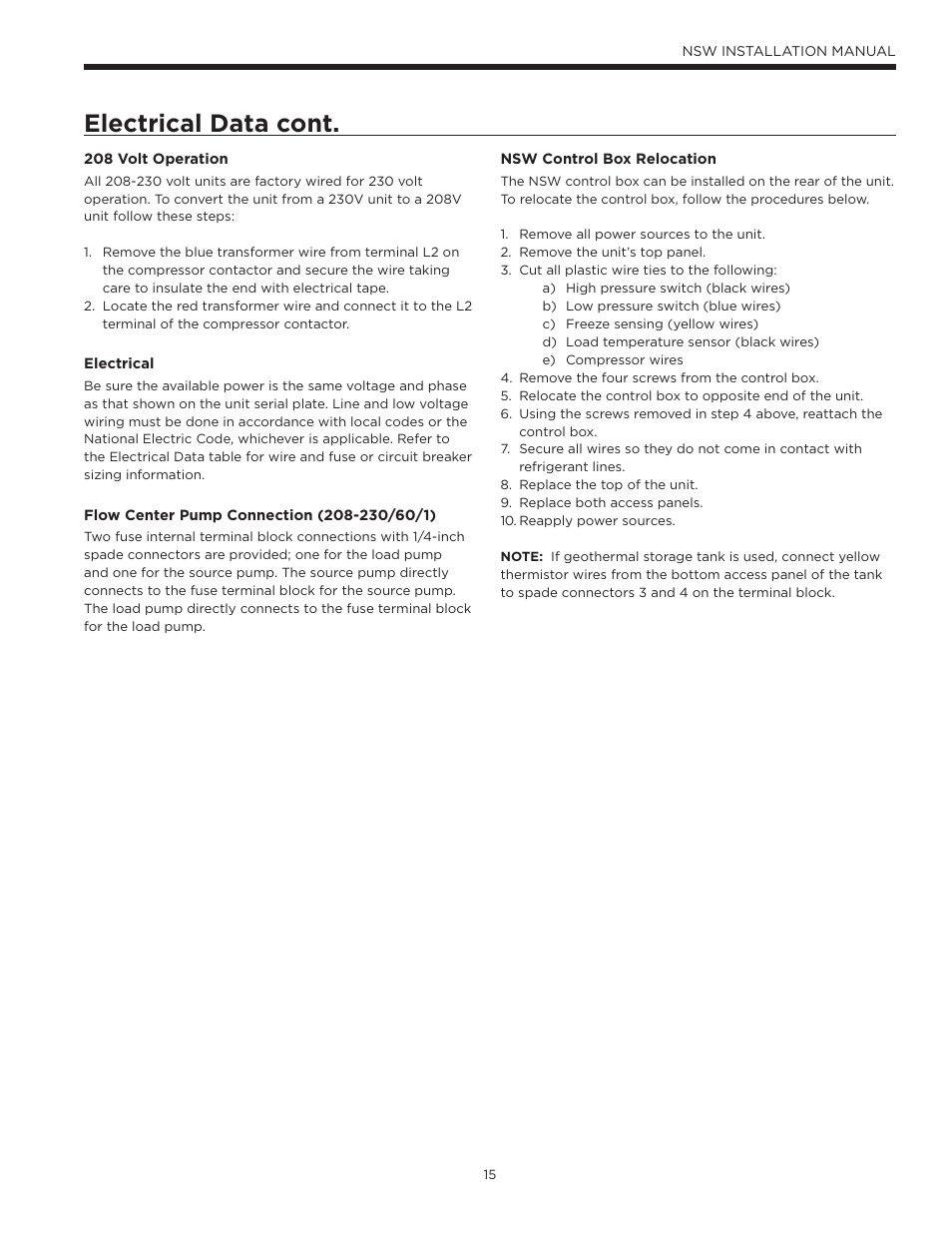 Electrical data cont | WaterFurnace Envision Hydronic (NSW) User Manual | Page 15 / 52