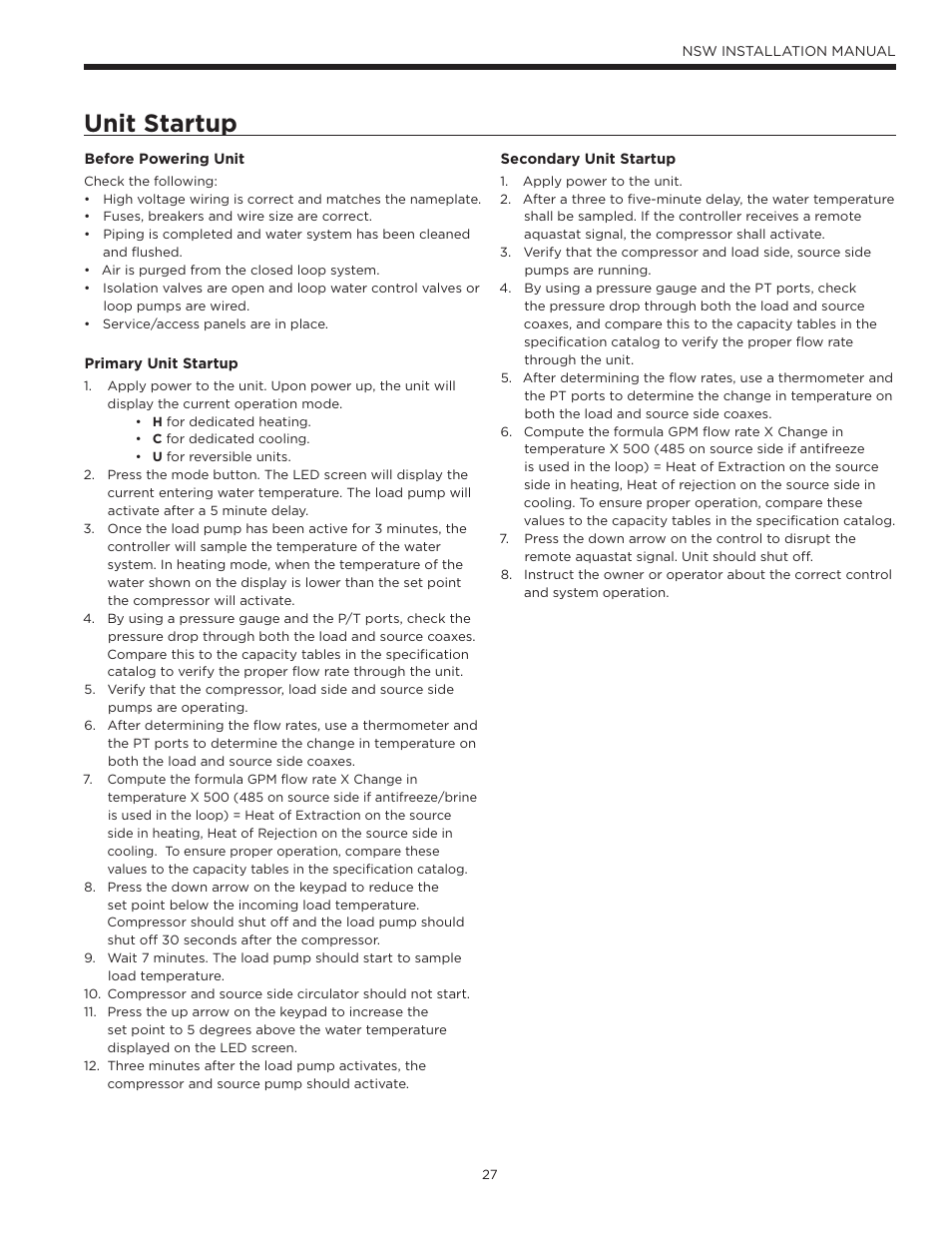 Unit startup | WaterFurnace Envision Hydronic (NSW) User Manual | Page 27 / 52