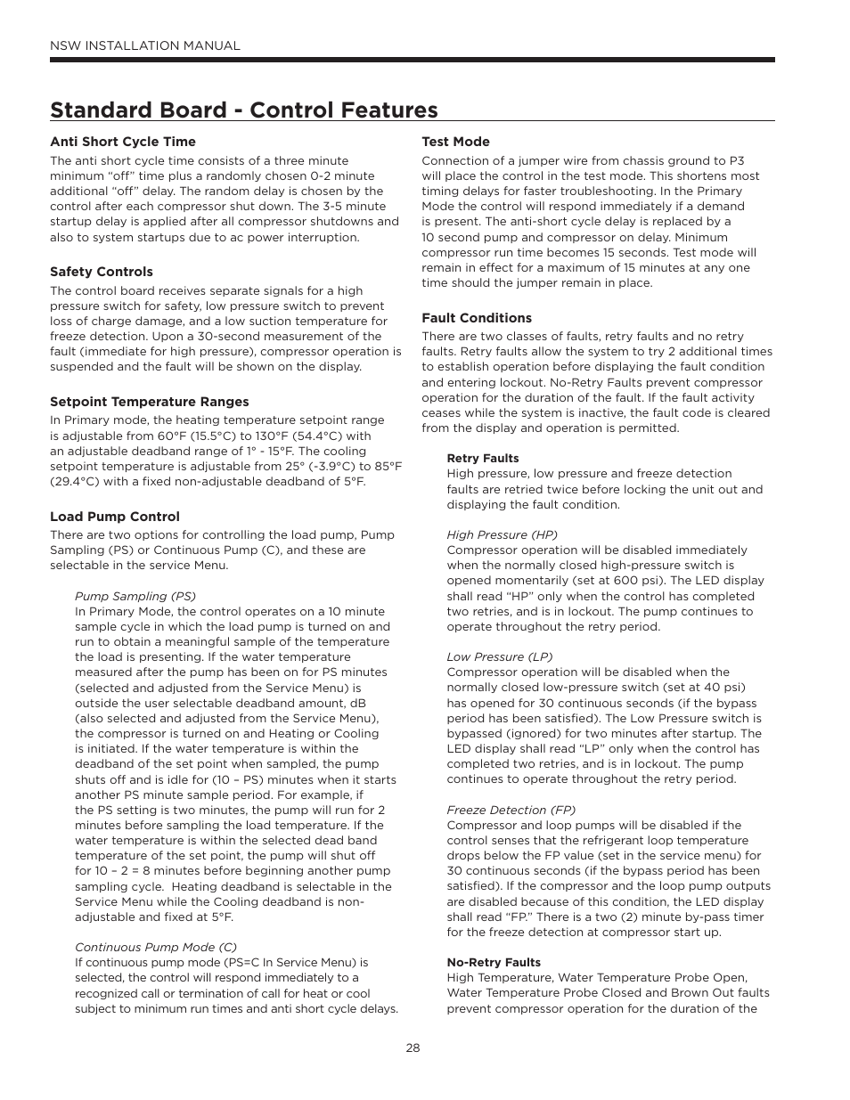 Standard board - control features | WaterFurnace Envision Hydronic (NSW) User Manual | Page 28 / 52