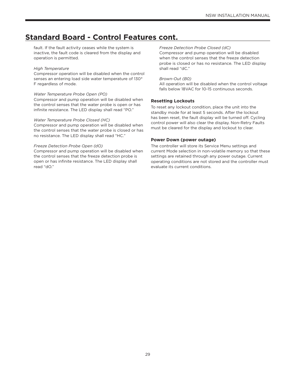 Standard board - control features cont | WaterFurnace Envision Hydronic (NSW) User Manual | Page 29 / 52