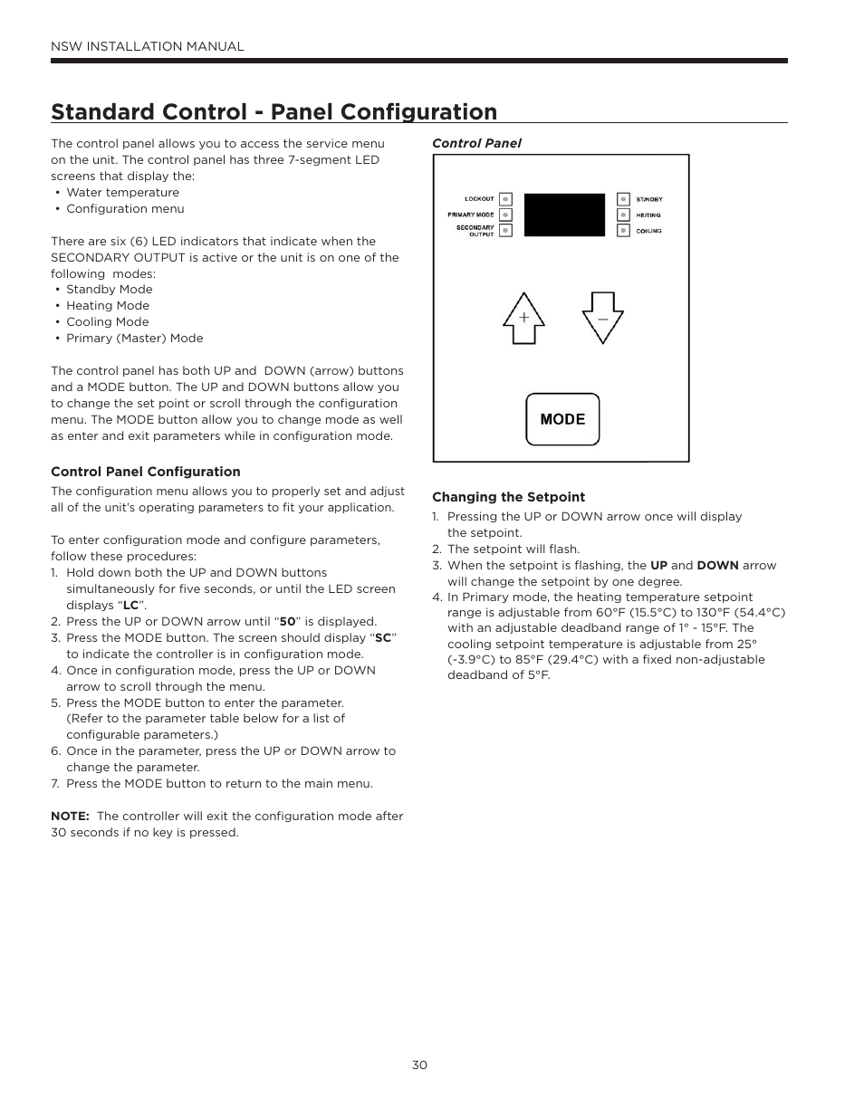 Standard control - panel configuration, Standard control - panel conﬁ guration | WaterFurnace Envision Hydronic (NSW) User Manual | Page 30 / 52