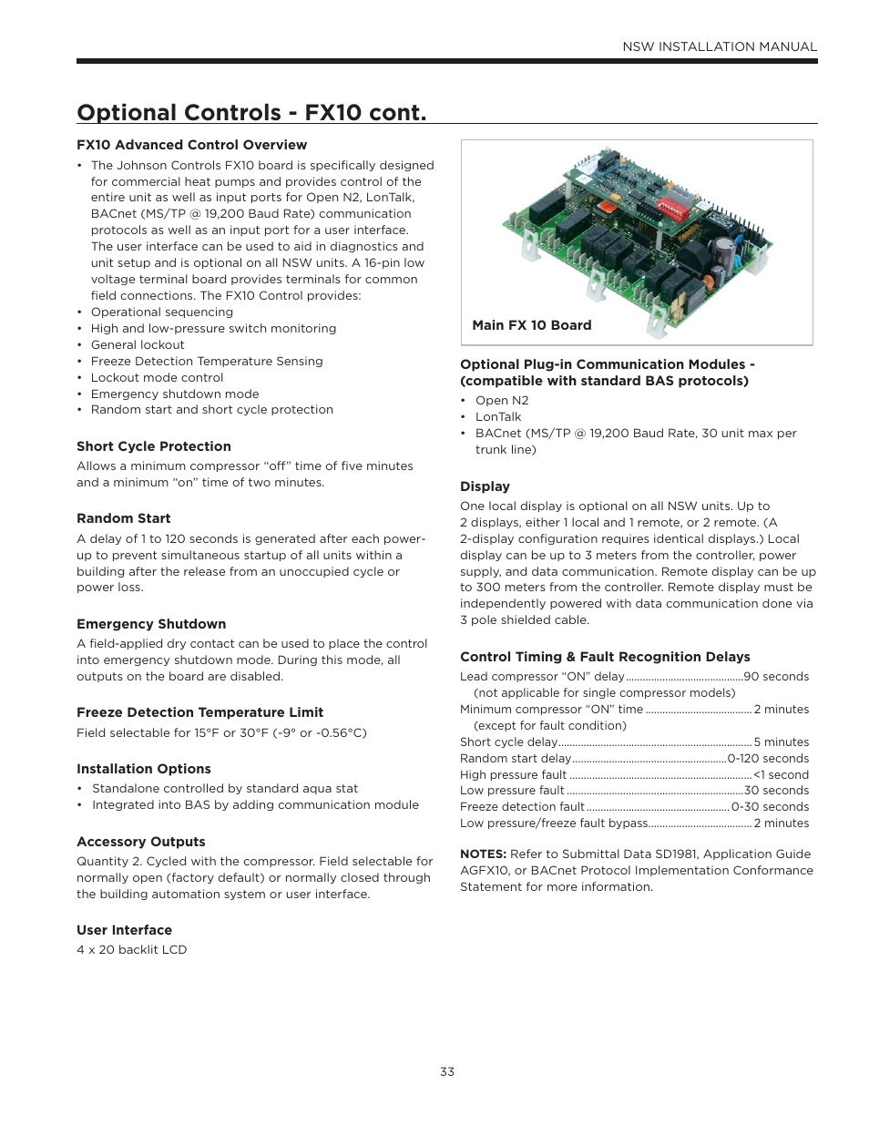 Optional controls - fx10 cont | WaterFurnace Envision Hydronic (NSW) User Manual | Page 33 / 52