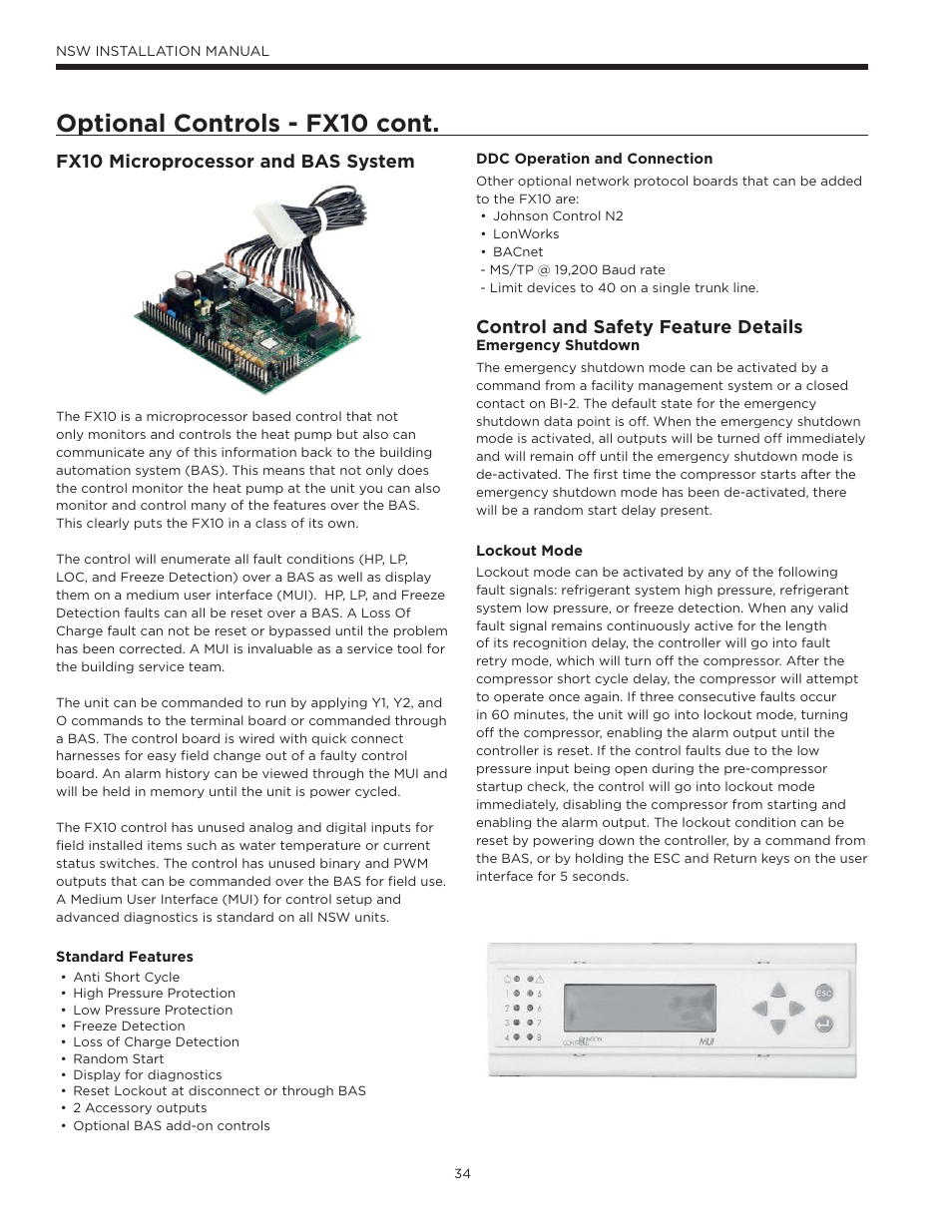 Optional controls - fx10 cont, Fx10 microprocessor and bas system, Control and safety feature details | WaterFurnace Envision Hydronic (NSW) User Manual | Page 34 / 52