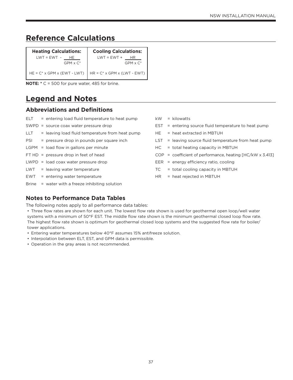 Reference calculations, Legend and notes, Abbreviations and definitions | WaterFurnace Envision Hydronic (NSW) User Manual | Page 37 / 52