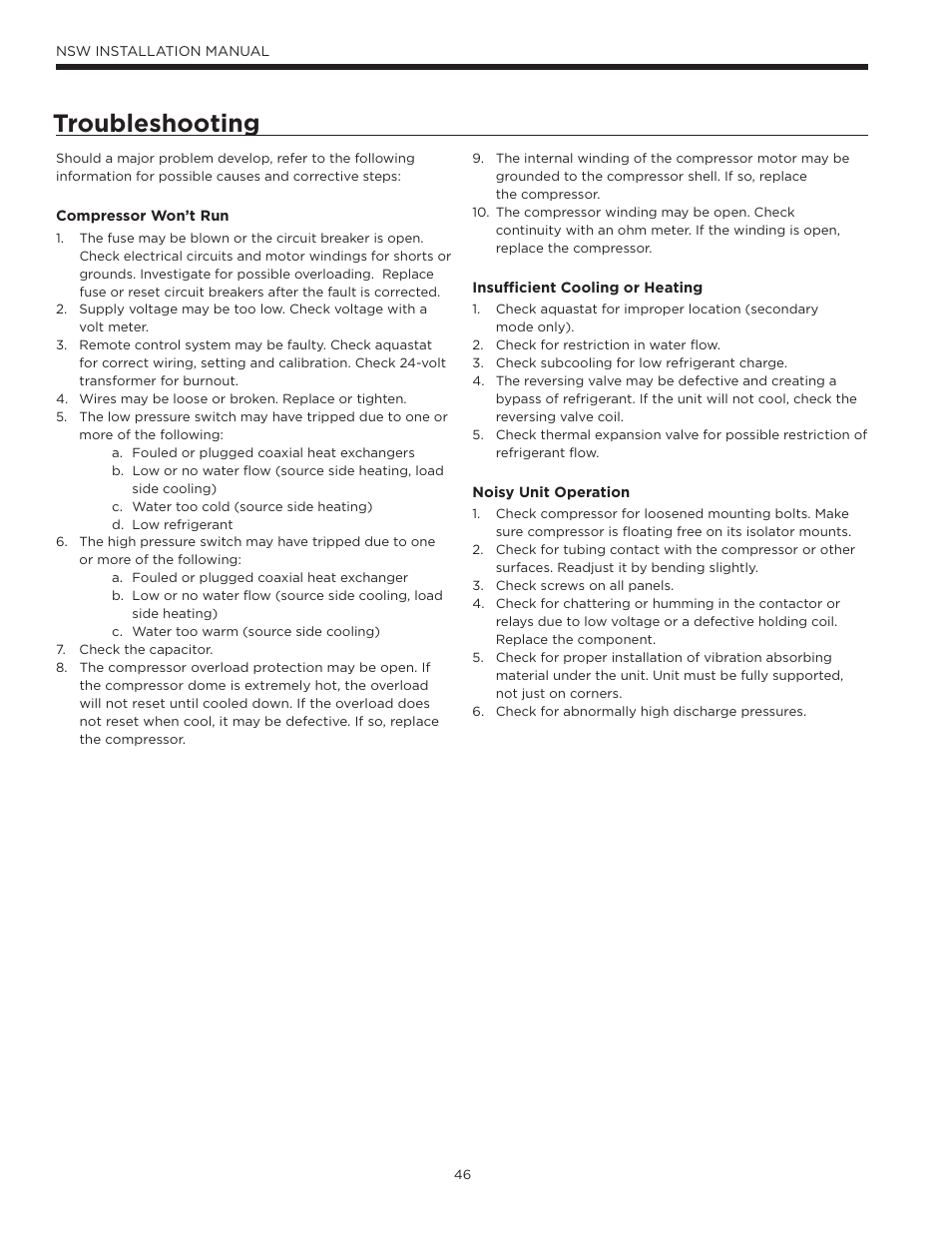 Troubleshooting | WaterFurnace Envision Hydronic (NSW) User Manual | Page 46 / 52