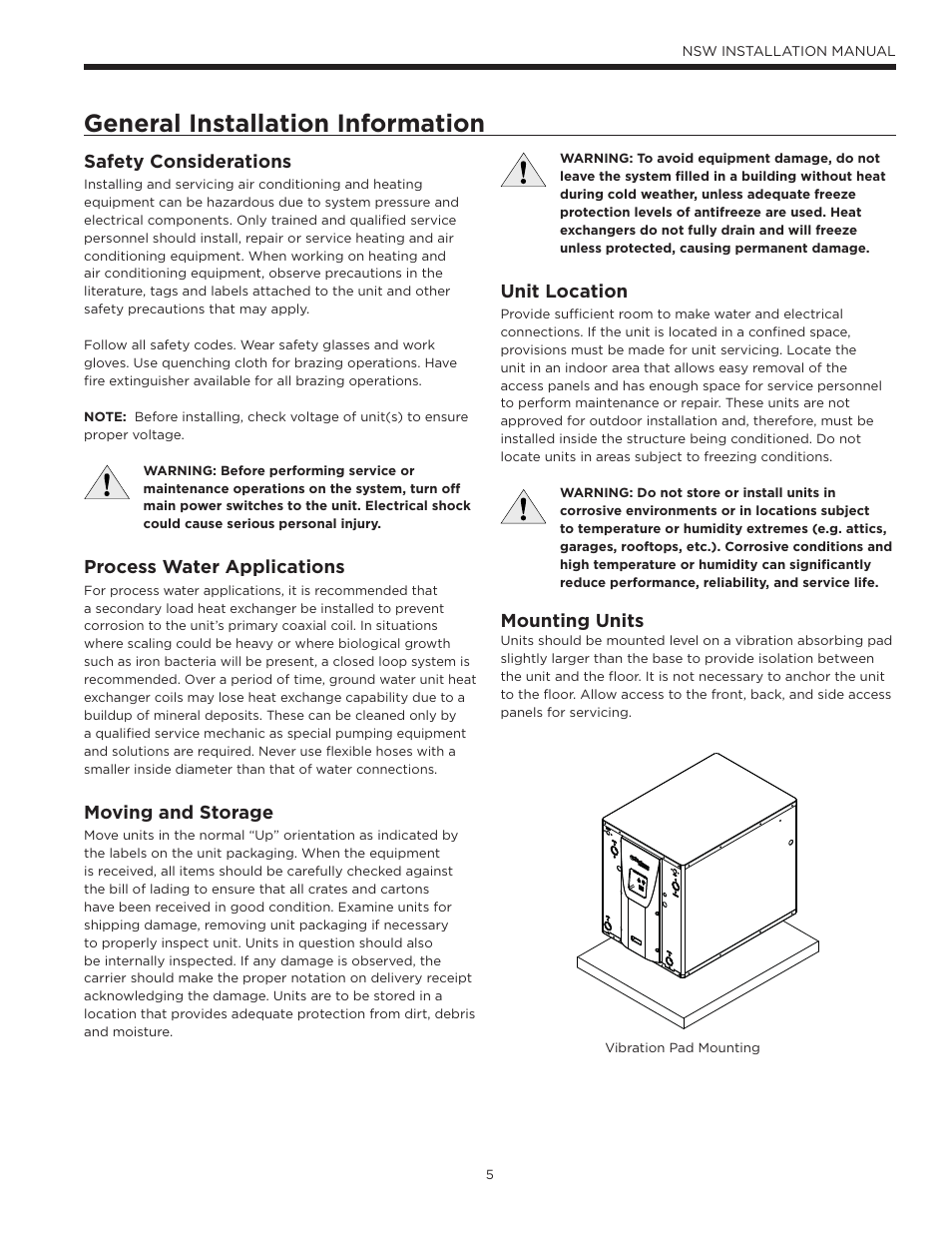 General installation information, Safety considerations, Process water applications | Moving and storage, Unit location, Mounting units | WaterFurnace Envision Hydronic (NSW) User Manual | Page 5 / 52