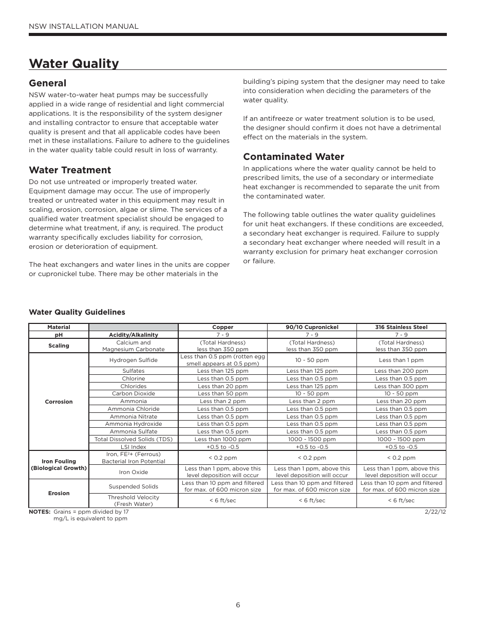 Water quality, General, Water treatment | Contaminated water | WaterFurnace Envision Hydronic (NSW) User Manual | Page 6 / 52