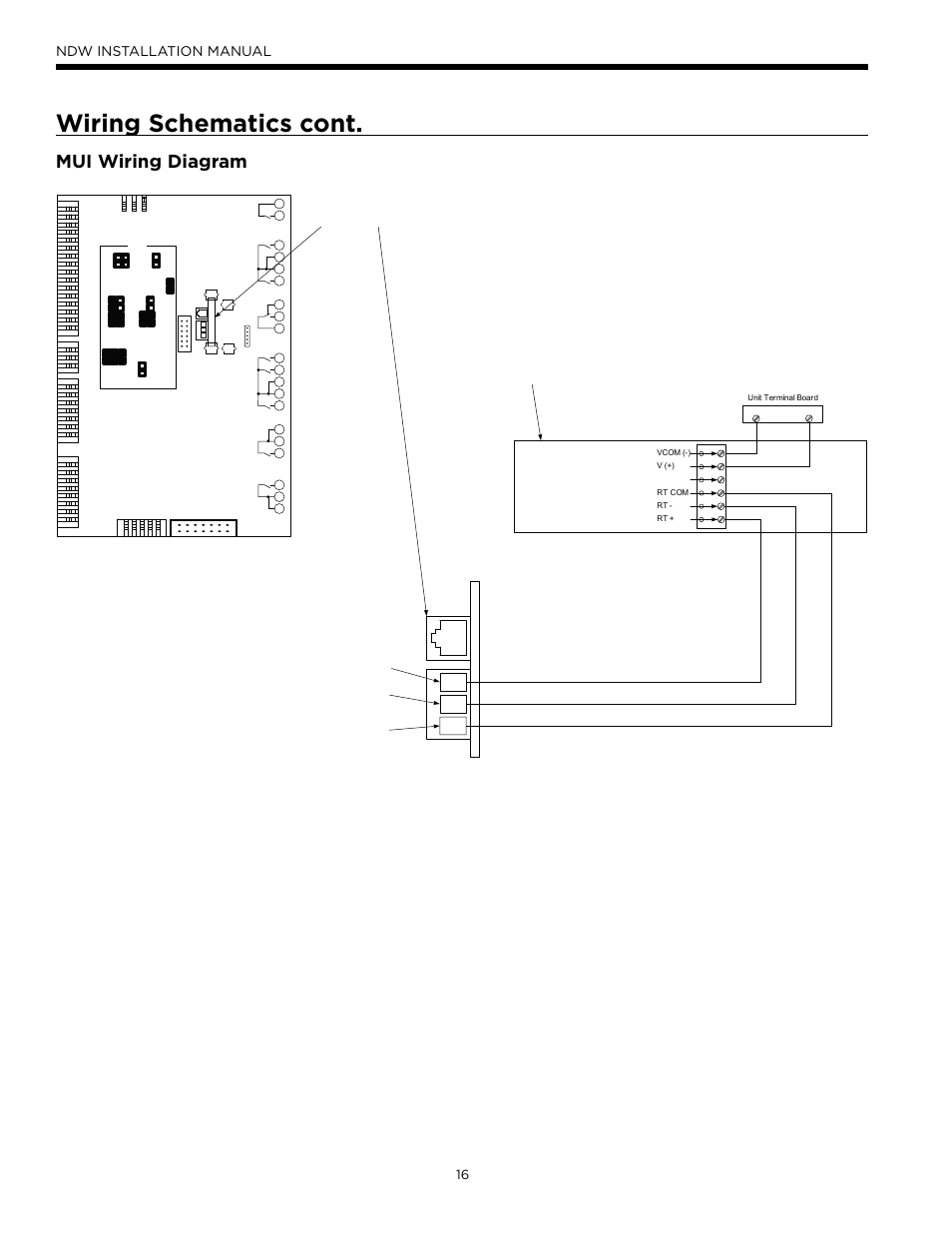 Wiring schematics cont, Mui wiring diagram, Ndw installation manual | Instructions, Dli card ll+ ll- com, ) disconnect all power sources to the unit | WaterFurnace Envision Hydronic (NDW) User Manual | Page 16 / 36
