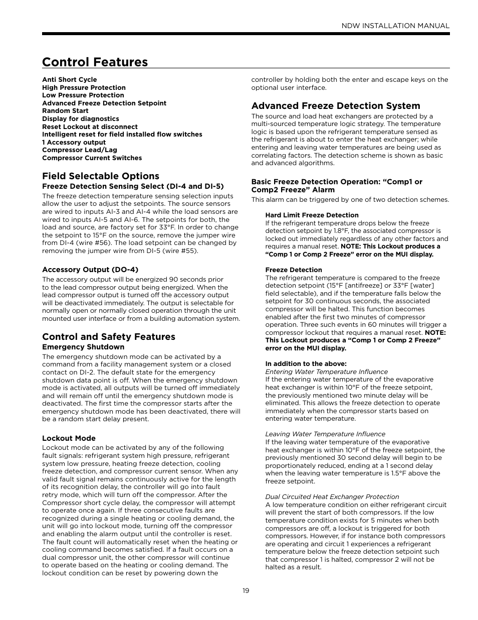 Control features, Field selectable options, Control and safety features | Advanced freeze detection system | WaterFurnace Envision Hydronic (NDW) User Manual | Page 19 / 36
