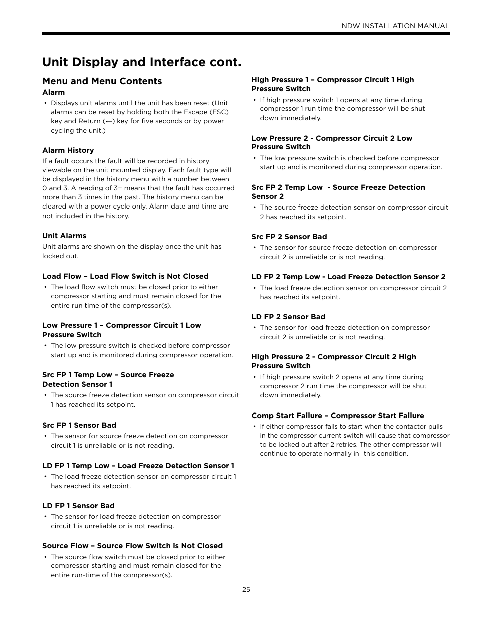 Unit display and interface cont, Menu and menu contents | WaterFurnace Envision Hydronic (NDW) User Manual | Page 25 / 36