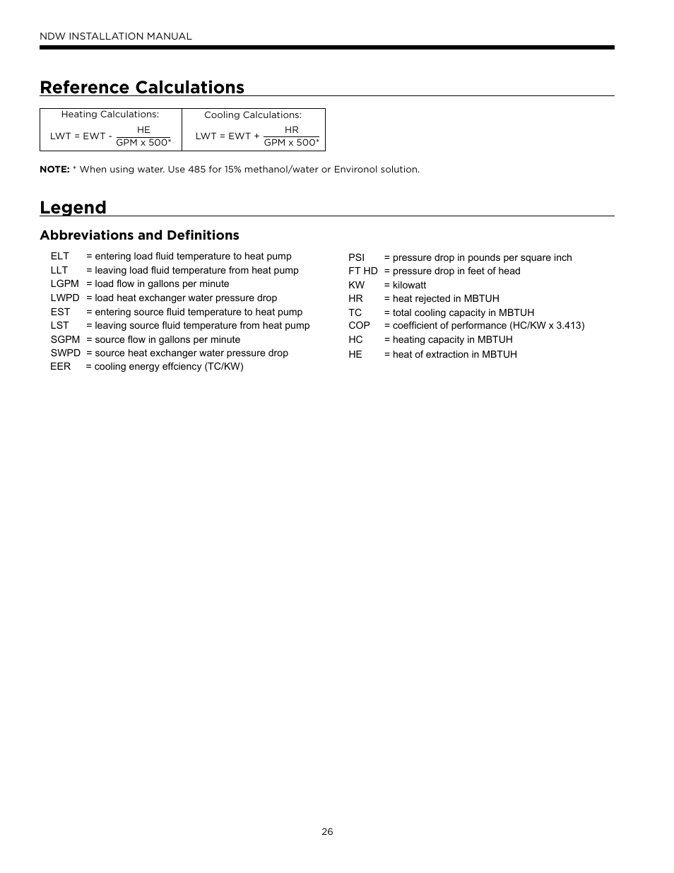 Reference calculations, Legend, Abbreviations and definitions | WaterFurnace Envision Hydronic (NDW) User Manual | Page 26 / 36