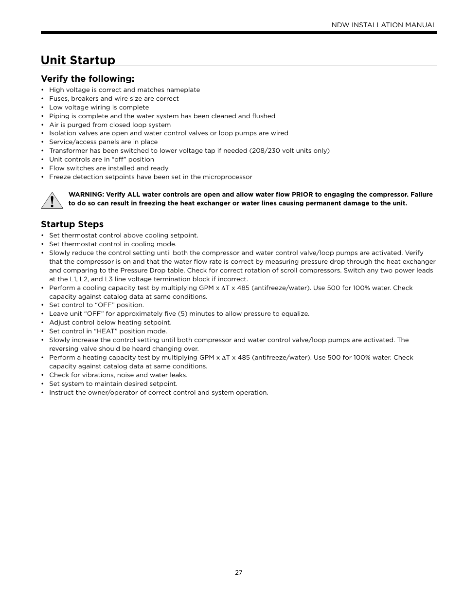 Unit startup, Verify the following, Startup steps | WaterFurnace Envision Hydronic (NDW) User Manual | Page 27 / 36