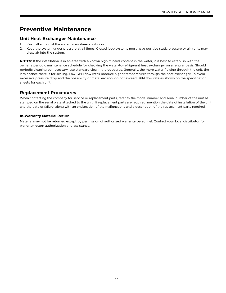 Preventive maintenance, Unit heat exchanger maintenance, Replacement procedures | WaterFurnace Envision Hydronic (NDW) User Manual | Page 33 / 36