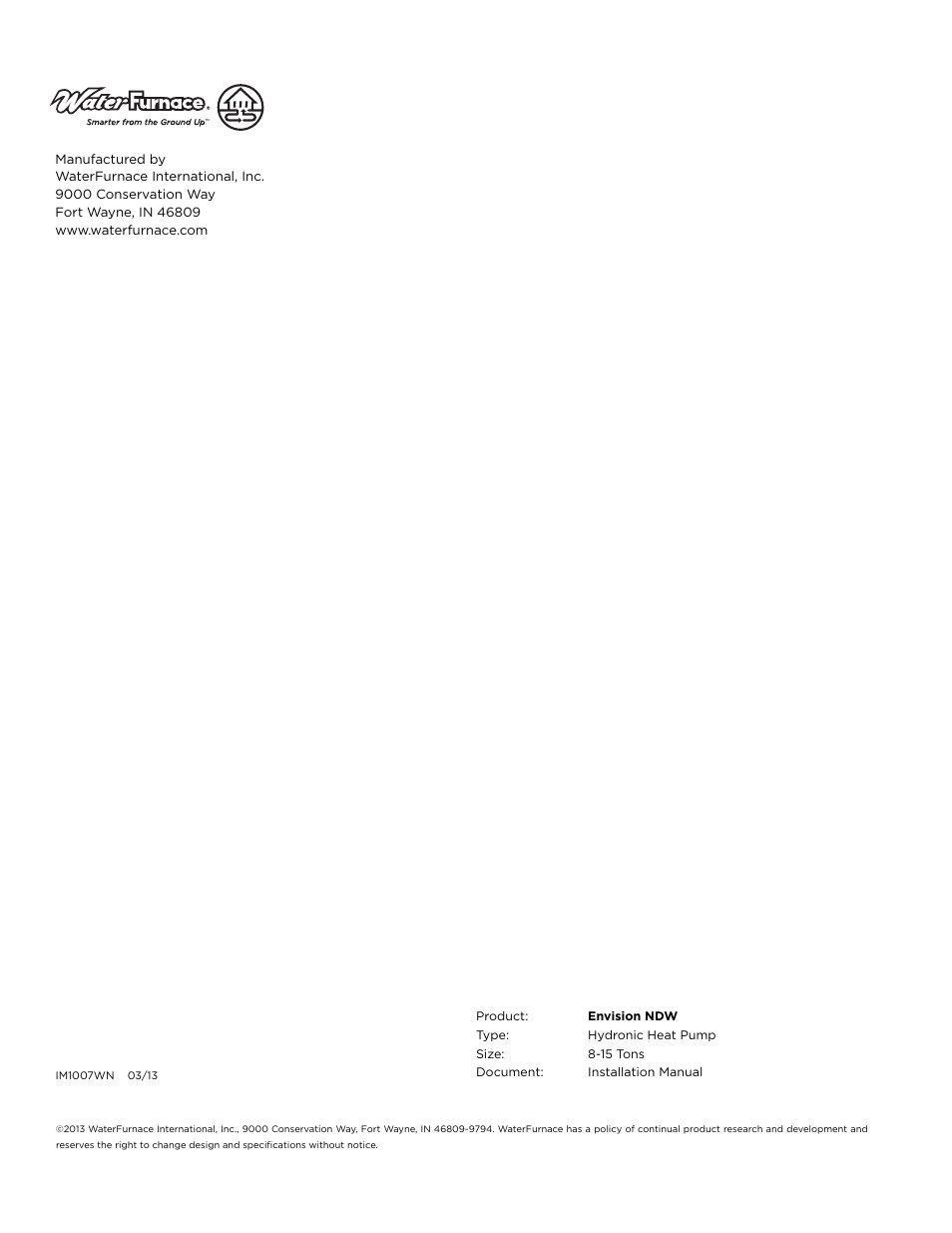 WaterFurnace Envision Hydronic (NDW) User Manual | Page 36 / 36