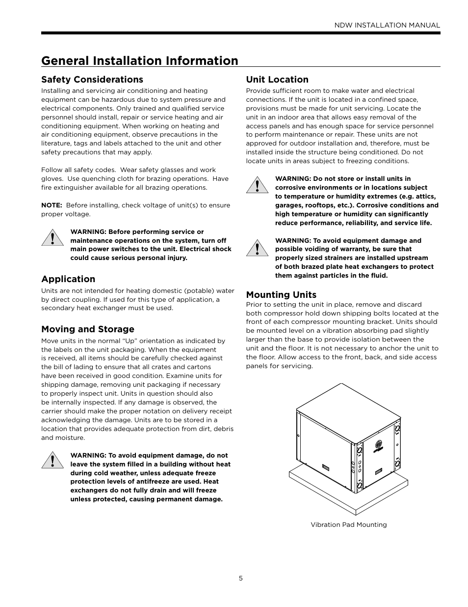 General installation information, Safety considerations, Application | Moving and storage, Unit location, Mounting units | WaterFurnace Envision Hydronic (NDW) User Manual | Page 5 / 36