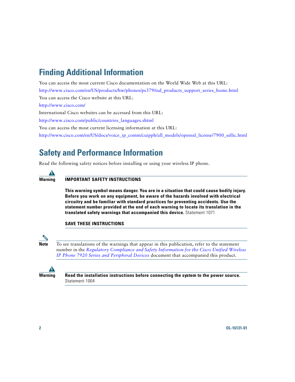 Finding additional information, Safety and performance information | Cisco Cisco Unified Wireless IP Phone 7921G User Manual | Page 10 / 124