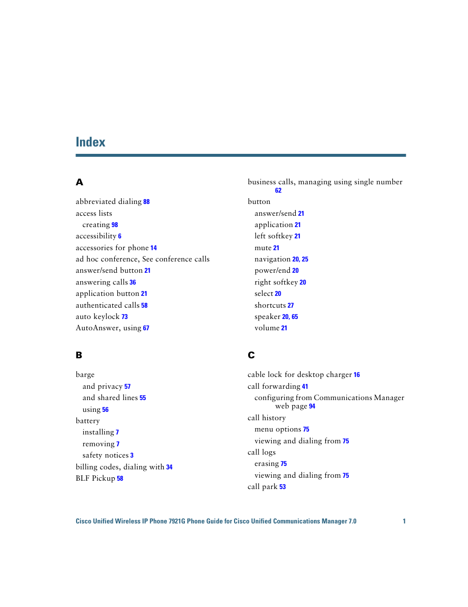 Index | Cisco Cisco Unified Wireless IP Phone 7921G User Manual | Page 115 / 124