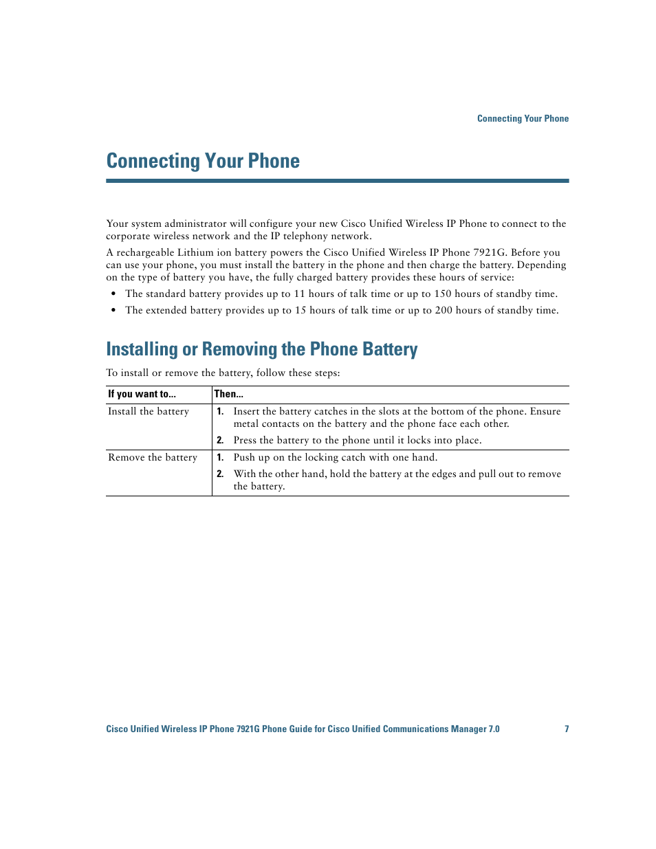 Connecting your phone, Installing or removing the phone battery | Cisco Cisco Unified Wireless IP Phone 7921G User Manual | Page 15 / 124