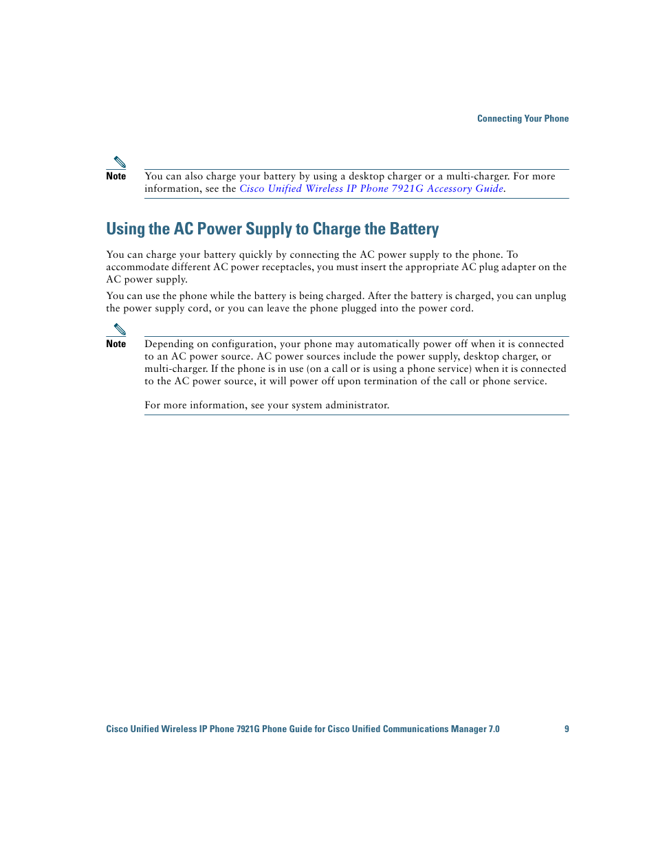 Using the ac power supply to charge the battery | Cisco Cisco Unified Wireless IP Phone 7921G User Manual | Page 17 / 124