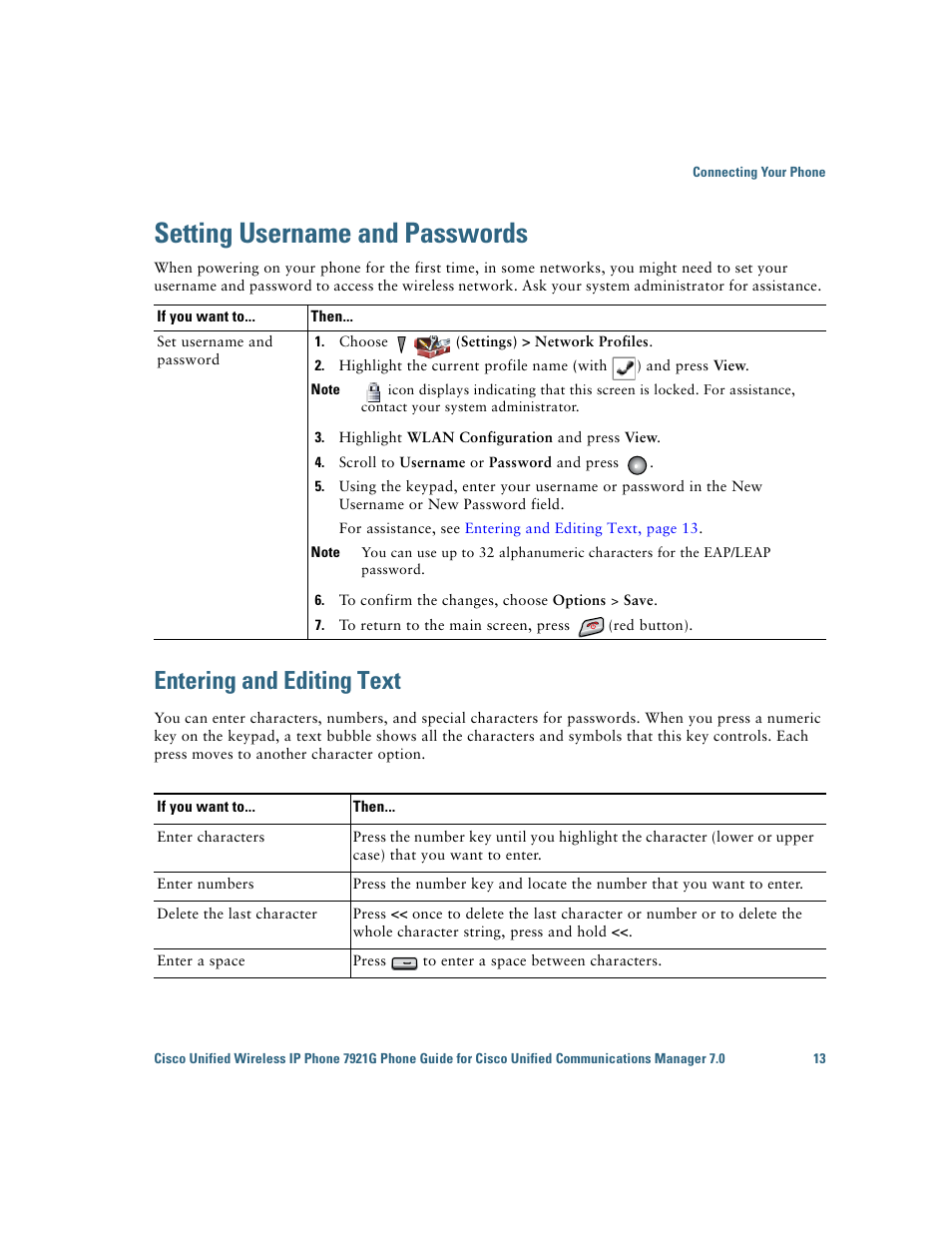 Setting username and passwords, Entering and editing text | Cisco Cisco Unified Wireless IP Phone 7921G User Manual | Page 21 / 124