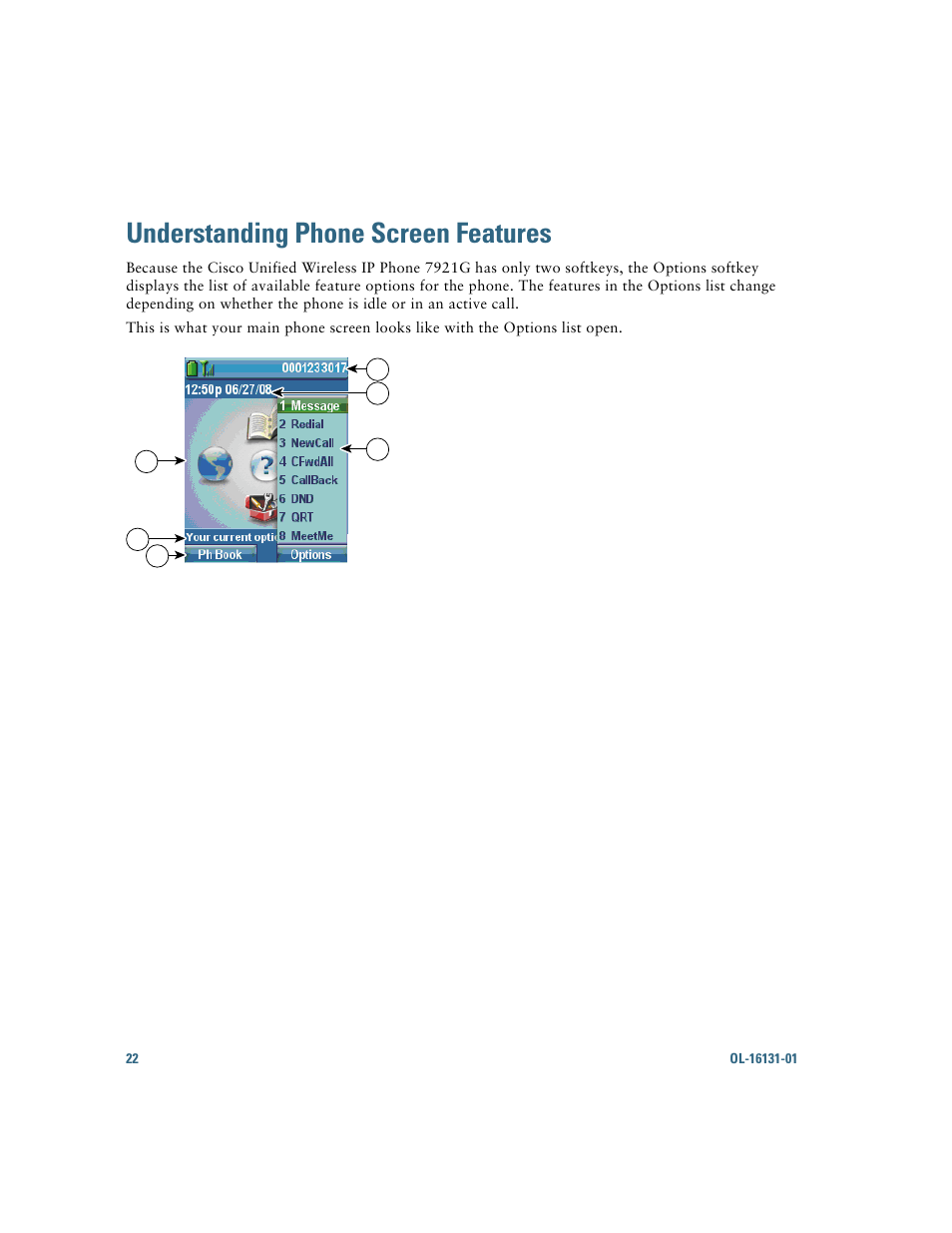 Understanding phone screen features | Cisco Cisco Unified Wireless IP Phone 7921G User Manual | Page 30 / 124