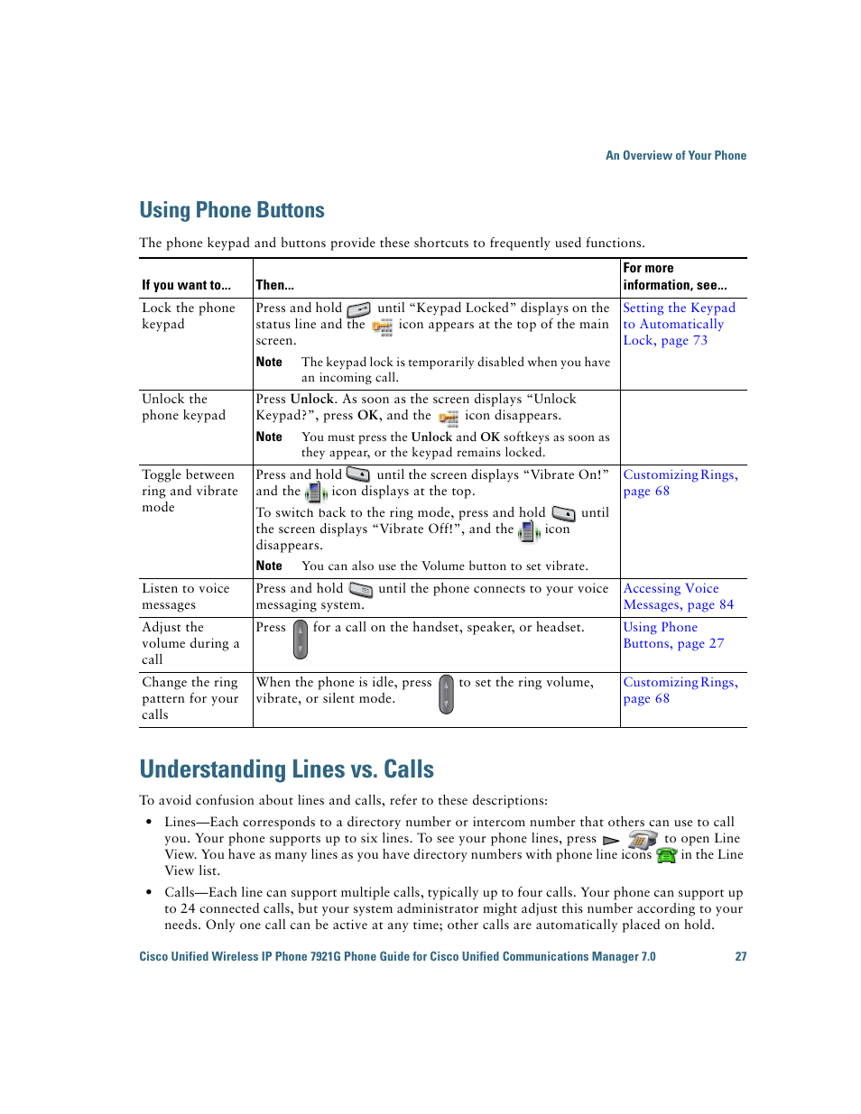 Using phone buttons, Understanding lines vs. calls | Cisco Cisco Unified Wireless IP Phone 7921G User Manual | Page 35 / 124